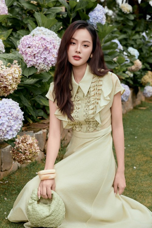 Sixdo Light Green Nuggets Organza Flared Dress